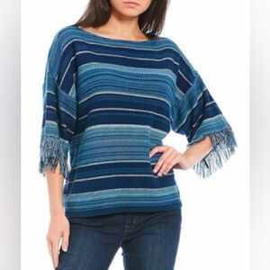 Lauren Ralph Lauren Striped Fringe-Trim Sleeve Indian Sweater Top Size Large